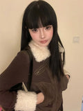 GETADME Japanese Y2k Fur Coat Women American Retro Brown Knitted Jacket Vintage Korean Style Zipper  Winter 2000s Aesthetics