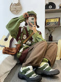 GETADME Japanese sweet flower jacquard sweater knitted vest vest + green shirt two female students joker suit korean sweater y2k femme