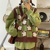 GETADME Japanese sweet flower jacquard sweater knitted vest vest + green shirt two female students joker suit korean sweater y2k femme
