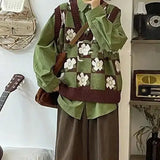 GETADME Japanese sweet flower jacquard sweater knitted vest vest + green shirt two female students joker suit korean sweater y2k femme