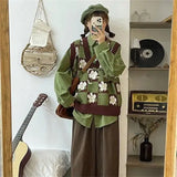 GETADME Japanese sweet flower jacquard sweater knitted vest vest + green shirt two female students joker suit korean sweater y2k femme