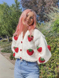 GETADME Jmprs Fashion 3D Strawberry Women Cardigan Sweater White Spring Loose American Style Female Knitted Coat Casual Ladies Jacket