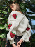 GETADME Jmprs Fashion 3D Strawberry Women Cardigan Sweater White Spring Loose American Style Female Knitted Coat Casual Ladies Jacket