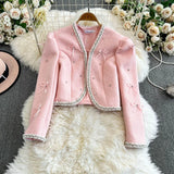 GETADME KUSAHIKI Pink Nail Bead Jacket for Women 2025 Winter New Style Short Woolen Cardigan Coat Top