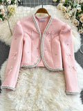 GETADME KUSAHIKI Pink Nail Bead Jacket for Women 2025 Winter New Style Short Woolen Cardigan Coat Top