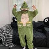 Getadme Kawaii Dinosaur Women Pajamas Men Jumpsuits Sleepwear Winter Thick Couples Hooded Pyjamas Coral velvet Onesie Soft Zipper Suit