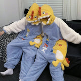 Getadme Kawaii Dinosaur Women Pajamas Men Jumpsuits Sleepwear Winter Thick Couples Hooded Pyjamas Coral velvet Onesie Soft Zipper Suit