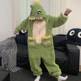 Getadme Kawaii Dinosaur Women Pajamas Men Jumpsuits Sleepwear Winter Thick Couples Hooded Pyjamas Coral velvet Onesie Soft Zipper Suit