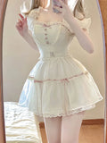 GETADME Kawaii Sweet 2 Piece Dress Set Women 2025 Summer Short Sleeve Y2k Crop Tops + Mini Skirt Female Outfits Korean Fashion Suit Chic
