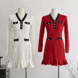 GETADME Knitted Pleated Chic Dress Women Elegant Sexy Mini Dress Luxury Bodycon Sweater Dress Autumn Clothes Patchwork Crochet Dress