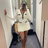 GETADME Knitted Pleated Chic Dress Women Elegant Sexy Mini Dress Luxury Bodycon Sweater Dress Autumn Clothes Patchwork Crochet Dress