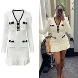 GETADME Knitted Pleated Chic Dress Women Elegant Sexy Mini Dress Luxury Bodycon Sweater Dress Autumn Clothes Patchwork Crochet Dress