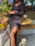 GETADME Knitted Sweater Skirt Sets Women Autumn Y2K Fashion Long Sleeve Crop Top Pullovers Elegant Sexy Split Long Skirt Two Piece Sets