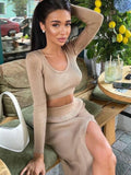 GETADME Knitted Sweater Skirt Sets Women Autumn Y2K Fashion Long Sleeve Crop Top Pullovers Elegant Sexy Split Long Skirt Two Piece Sets