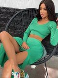 GETADME Knitted Sweater Skirt Sets Women Autumn Y2K Fashion Long Sleeve Crop Top Pullovers Elegant Sexy Split Long Skirt Two Piece Sets