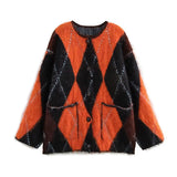 GETADME Knitting Mohair Plaid Contrast Sweater Women Casual Loose O-Neck Long Sleeved Cardigan Lady 2025 Spring Autumn Chic Outwears