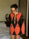 GETADME Knitting Mohair Plaid Contrast Sweater Women Casual Loose O-Neck Long Sleeved Cardigan Lady 2025 Spring Autumn Chic Outwears