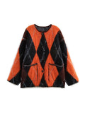 GETADME Knitting Mohair Plaid Contrast Sweater Women Casual Loose O-Neck Long Sleeved Cardigan Lady 2025 Spring Autumn Chic Outwears