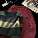 GETADME Korean Clashing Striped Long Sleeve T-Shirt 2025 Autumn Man Round Neck Sweatshirt Trendy Couples Loose Fit Male Sweatshirts