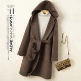 GETADME Korean Design Women Double-sided Cashmere Mid-length Hoodie Coat With Belt Lace Up Hooded Slimming Wool Jacket Autumn Winter