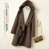 GETADME Korean Design Women Double-sided Cashmere Mid-length Hoodie Coat With Belt Lace Up Hooded Slimming Wool Jacket Autumn Winter