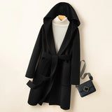 GETADME Korean Design Women Double-sided Cashmere Mid-length Hoodie Coat With Belt Lace Up Hooded Slimming Wool Jacket Autumn Winter