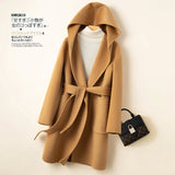GETADME Korean Design Women Double-sided Cashmere Mid-length Hoodie Coat With Belt Lace Up Hooded Slimming Wool Jacket Autumn Winter