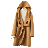 GETADME Korean Design Women Double-sided Cashmere Mid-length Hoodie Coat With Belt Lace Up Hooded Slimming Wool Jacket Autumn Winter