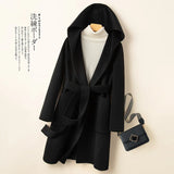 GETADME Korean Design Women Double-sided Cashmere Mid-length Hoodie Coat With Belt Lace Up Hooded Slimming Wool Jacket Autumn Winter
