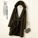 GETADME Korean Design Women Double-sided Cashmere Mid-length Hoodie Coat With Belt Lace Up Hooded Slimming Wool Jacket Autumn Winter