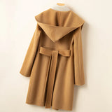 GETADME Korean Design Women Double-sided Cashmere Mid-length Hoodie Coat With Belt Lace Up Hooded Slimming Wool Jacket Autumn Winter