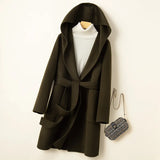 GETADME Korean Design Women Double-sided Cashmere Mid-length Hoodie Coat With Belt Lace Up Hooded Slimming Wool Jacket Autumn Winter