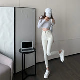 GETADME 한국 패션 살구색 스키니 팬츠 여성 하이웨이스트 스트레치 청바지 팬츠 섹시 펜슬 카프리 스트리트웨어 힙 리프트 데님 레깅스