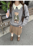 GETADME Korean Fashion Bear Embroidery Knitted Sweater Turndown Collar College Preppy Women Jumper Tops Winter Autumn Casual Y2K Clothes