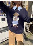 GETADME Korean Fashion Bear Embroidery Knitted Sweater Turndown Collar College Preppy Women Jumper Tops Winter Autumn Casual Y2K Clothes