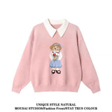 GETADME Korean Fashion Bear Embroidery Knitted Sweater Turndown Collar College Preppy Women Jumper Tops Winter Autumn Casual Y2K Clothes