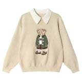 GETADME Korean Fashion Bear Embroidery Knitted Sweater Turndown Collar College Preppy Women Jumper Tops Winter Autumn Casual Y2K Clothes
