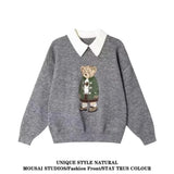 GETADME Korean Fashion Bear Embroidery Knitted Sweater Turndown Collar College Preppy Women Jumper Tops Winter Autumn Casual Y2K Clothes