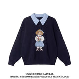 GETADME Korean Fashion Bear Embroidery Knitted Sweater Turndown Collar College Preppy Women Jumper Tops Winter Autumn Casual Y2K Clothes