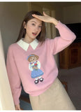 GETADME Korean Fashion Bear Embroidery Knitted Sweater Turndown Collar College Preppy Women Jumper Tops Winter Autumn Casual Y2K Clothes