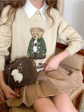 GETADME Korean Fashion Bear Embroidery Knitted Sweater Turndown Collar College Preppy Women Jumper Tops Winter Autumn Casual Y2K Clothes
