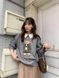 GETADME Korean Fashion Bear Embroidery Knitted Sweater Turndown Collar College Preppy Women Jumper Tops Winter Autumn Casual Y2K Clothes