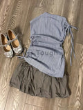 GETADME Korean Fashion Thin Lace Up 2 Piece Set Women Vintage Chic Stripe Sleeveless Tops Female + High Waist Solid Ruffle Short Skirt