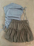GETADME Korean Fashion Thin Lace Up 2 Piece Set Women Vintage Chic Stripe Sleeveless Tops Female + High Waist Solid Ruffle Short Skirt