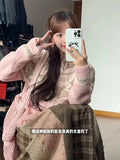 GETADME Korean Fashion Version Sweet Bow Jacquard Sweater Zipper Cardigan Women Autumn Winter Loose Pink Knitted Kawaii Sweater Coat Top