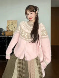 GETADME Korean Fashion Version Sweet Bow Jacquard Sweater Zipper Cardigan Women Autumn Winter Loose Pink Knitted Kawaii Sweater Coat Top