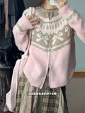 GETADME Korean Fashion Version Sweet Bow Jacquard Sweater Zipper Cardigan Women Autumn Winter Loose Pink Knitted Kawaii Sweater Coat Top