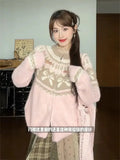 GETADME Korean Fashion Version Sweet Bow Jacquard Sweater Zipper Cardigan Women Autumn Winter Loose Pink Knitted Kawaii Sweater Coat Top