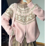 GETADME Korean Fashion Version Sweet Bow Jacquard Sweater Zipper Cardigan Women Autumn Winter Loose Pink Knitted Kawaii Sweater Coat Top