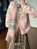 GETADME Korean Fashion Version Sweet Bow Jacquard Sweater Zipper Cardigan Women Autumn Winter Loose Pink Knitted Kawaii Sweater Coat Top